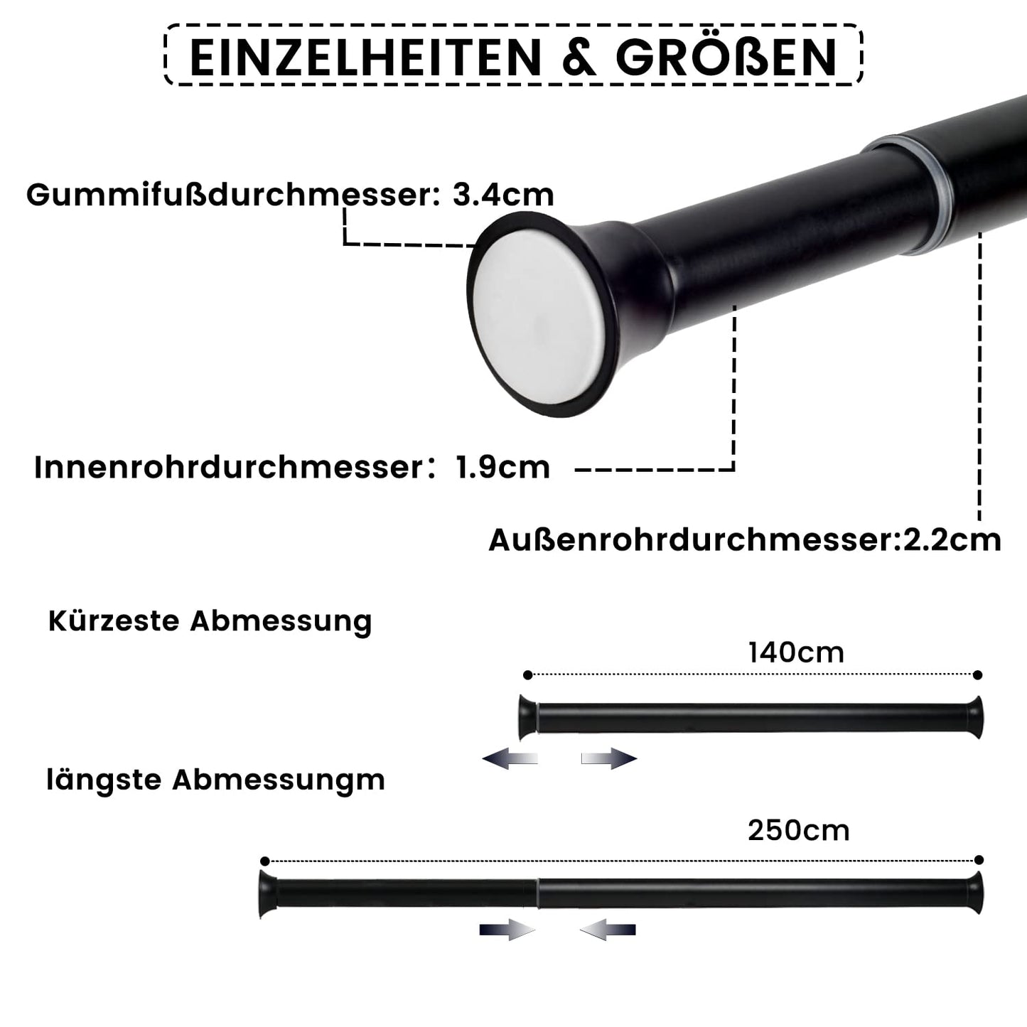 XtraCare Curtain Rod Adjustable, Clamp Rod Curtain, Telescopic Rod, usable as Curtain Rod/Clothes Rod - Black (140-250cm)