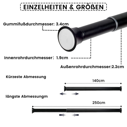 XtraCare Curtain Rod Adjustable, Clamp Rod Curtain, Telescopic Rod, usable as Curtain Rod/Clothes Rod - Black (140-250cm)