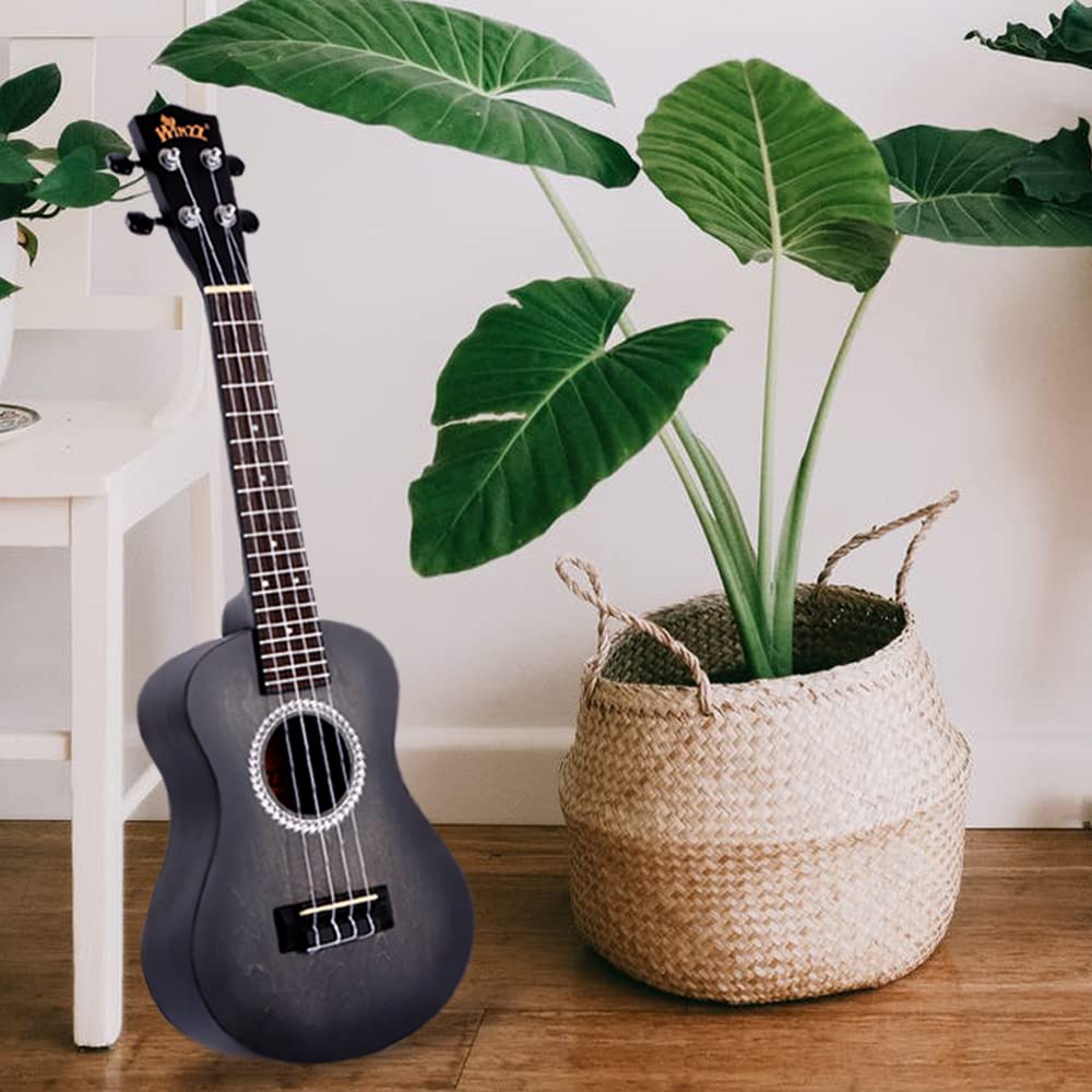 Winzz 23" Ukulele Concert Beginner Set for Kids Adults, Unique Color Design, with Bag, Tuner, Extra Strings, Strap, Music Note Stickers (Black)