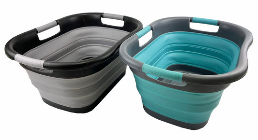 SAMMART Plastic Foldable Laundry Basket, 30L, collapsible, pop-up storage container/organizer, portable laundry tub, space-saving laundry basket/bin (Alloy Gray + Crystal Blue)