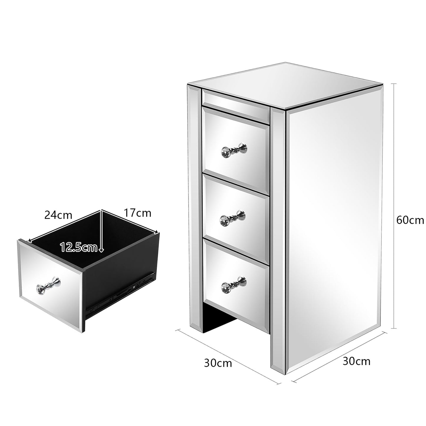 LEADZM nightstand with 3 drawers, 1 piece, side table bedside cabinet, glass storage cabinet for living room, bedroom, office, bathroom, etc, 30 x 30 x 60 cm