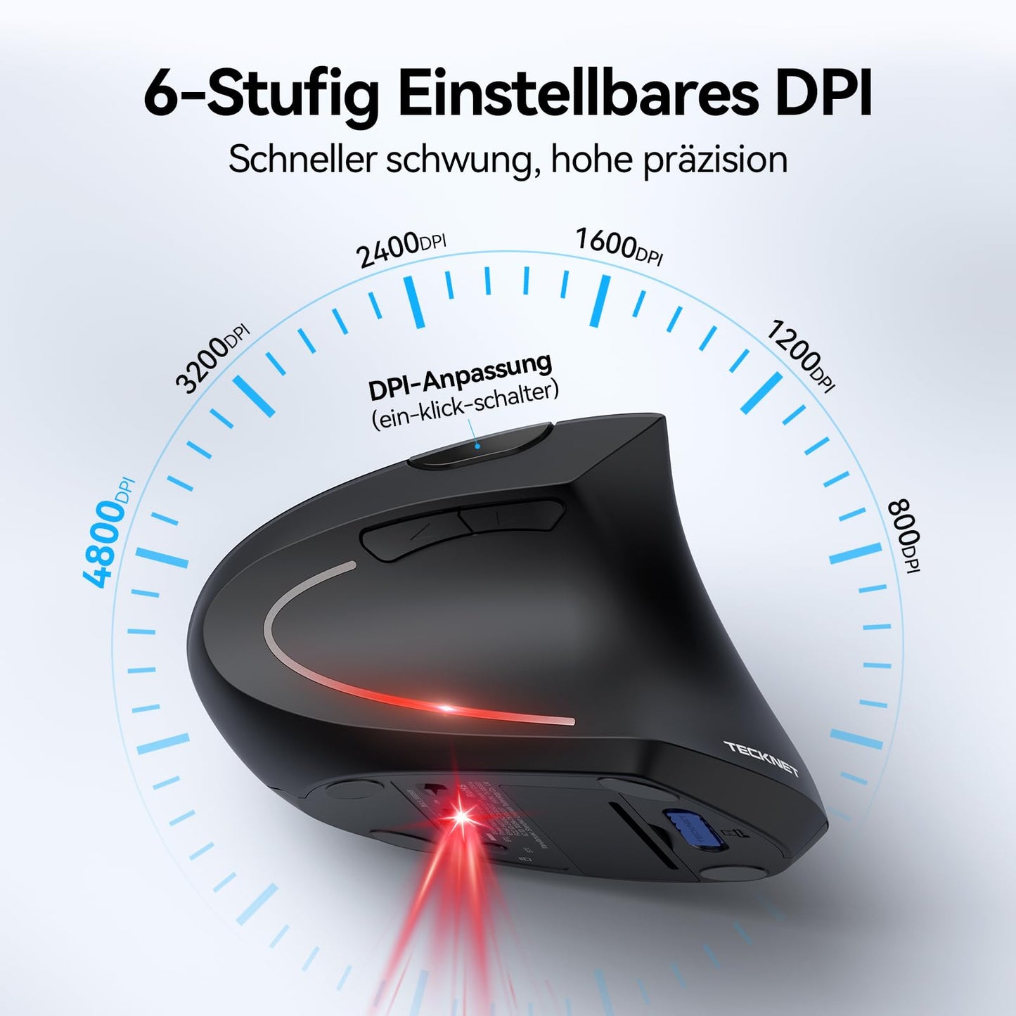 TECKNET Ergonomic Mouse, Wireless Bluetooth Vertical Mouse(BT 5.0+BT 3.0+2.4G), 6 Adjustable Levels up to 4800 DPI, Optically Quiet Wireless Mouse for Laptop/PC/Mac/Tablet/iPad(Win/Android/iOS), 6 Buttons