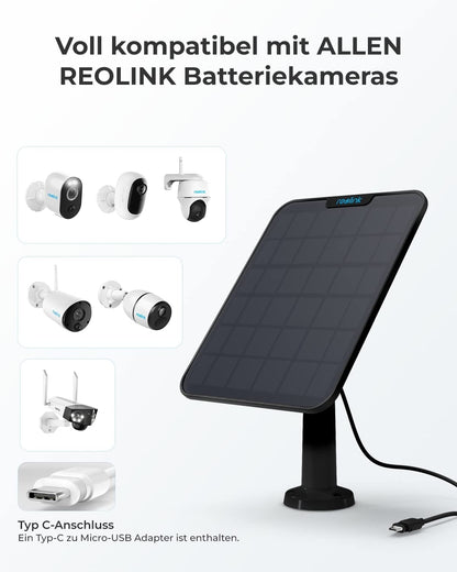 [2023 Update Version] Reolink 6W Solar Panel for Battery Powered Outdoor Security Camera, USB Interface, Solar WiFi IP Camera with 360° Adjustable Bracket, Non-Stop Solar (4m Cable), Black