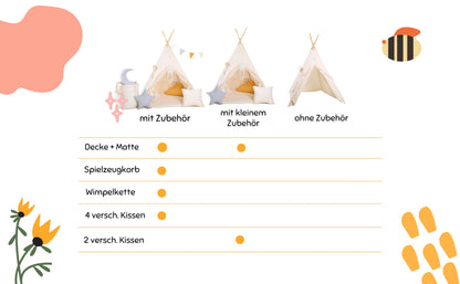 Children's Teepee Tipi Set for kids, indoor/outdoor play tent, 8 elements including teepee, Indian tipi with window, etc. (with accessories forest spirit)
