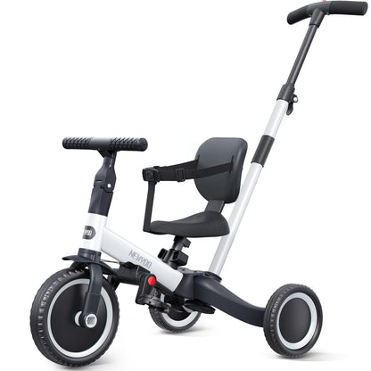 newyoo 5 in 1 balance bike tricycle, suitable for 1 year olds with push handle, for kids aged 1-3 years, bike for children up to 25kg including removable pedals and adjustable seat, white