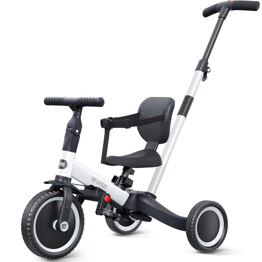 newyoo 5 in 1 balance bike tricycle, suitable for 1 year olds with push handle, for kids aged 1-3 years, bike for children up to 25kg including removable pedals and adjustable seat, white