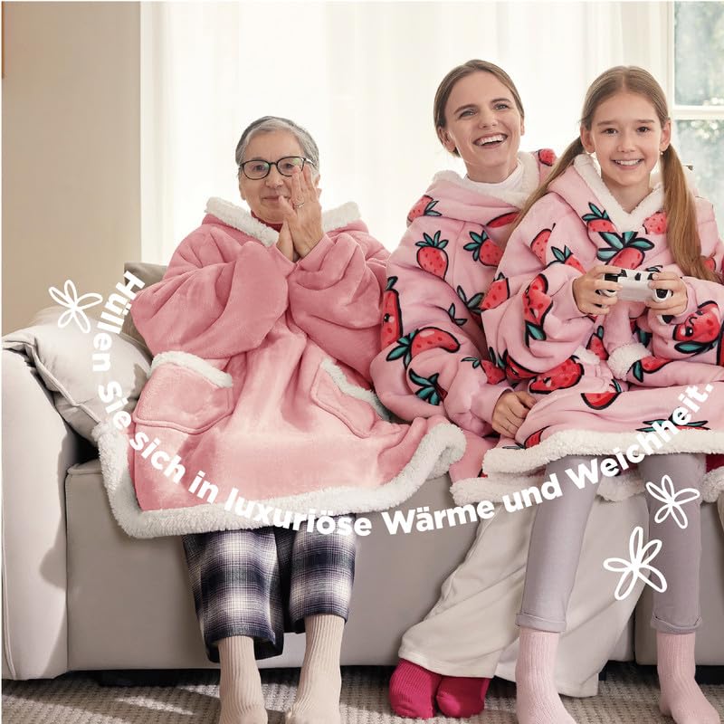 BEDSURE Hoodie Blanket with Sleeves and Hood - Wearable Blanket with Sherpa Sleeves for Women as Gifts, Fried Egg Design, 95x83cm, Pink