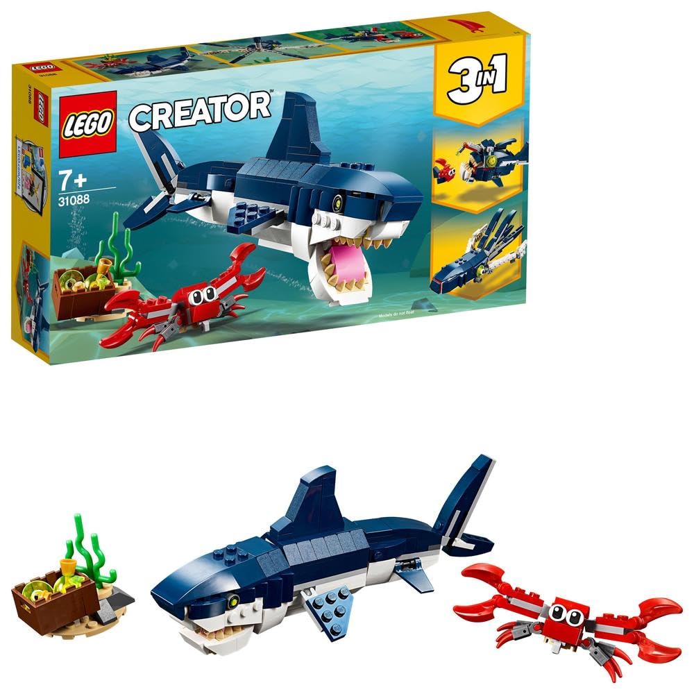 LEGO 31129 Creator Majestic Tiger, Panda or Fish & 31088 Creator Deep Sea Creatures, toy with sea animal figures: Shark, Crab, Squid, and Anglerfish, set for kids ages 7+.