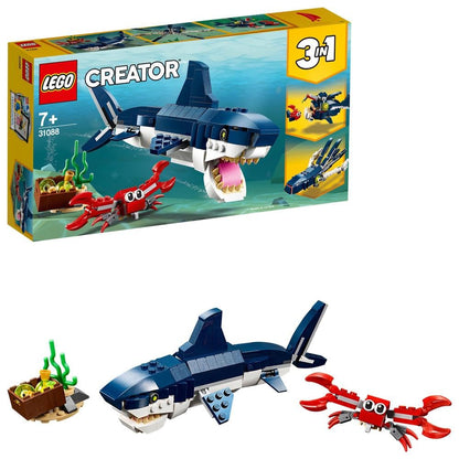 LEGO 31129 Creator Majestic Tiger, Panda or Fish & 31088 Creator Deep Sea Creatures, toy with sea animal figures: Shark, Crab, Squid, and Anglerfish, set for kids ages 7+.