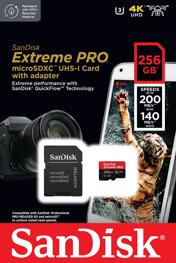 SanDisk Extreme PRO microSDXC UHS-I Memory Card 256GB + Adapter & RescuePRO Deluxe (For smartphones, action cameras, or drones, A2, Class 10, V30, U3, 200MB/s transfer)