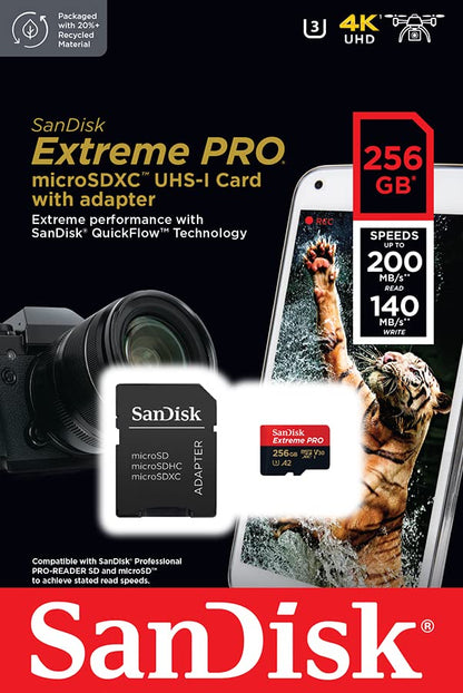 SanDisk Extreme PRO microSDXC UHS-I Memory Card 256GB + Adapter & RescuePRO Deluxe (For smartphones, action cameras, or drones, A2, Class 10, V30, U3, 200MB/s transfer)