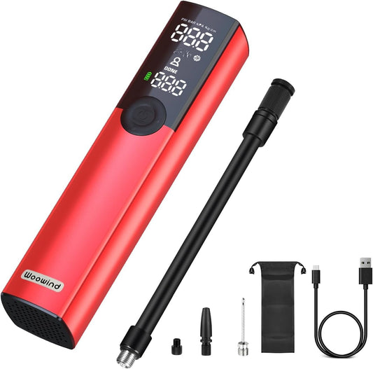 The Woowind BP188 electric bike pump is a portable compressor for cars, bikes, and motorcycles. It has a battery and can inflate up to 120-150 PSI with all valve types. The pump has a durable metal casing.