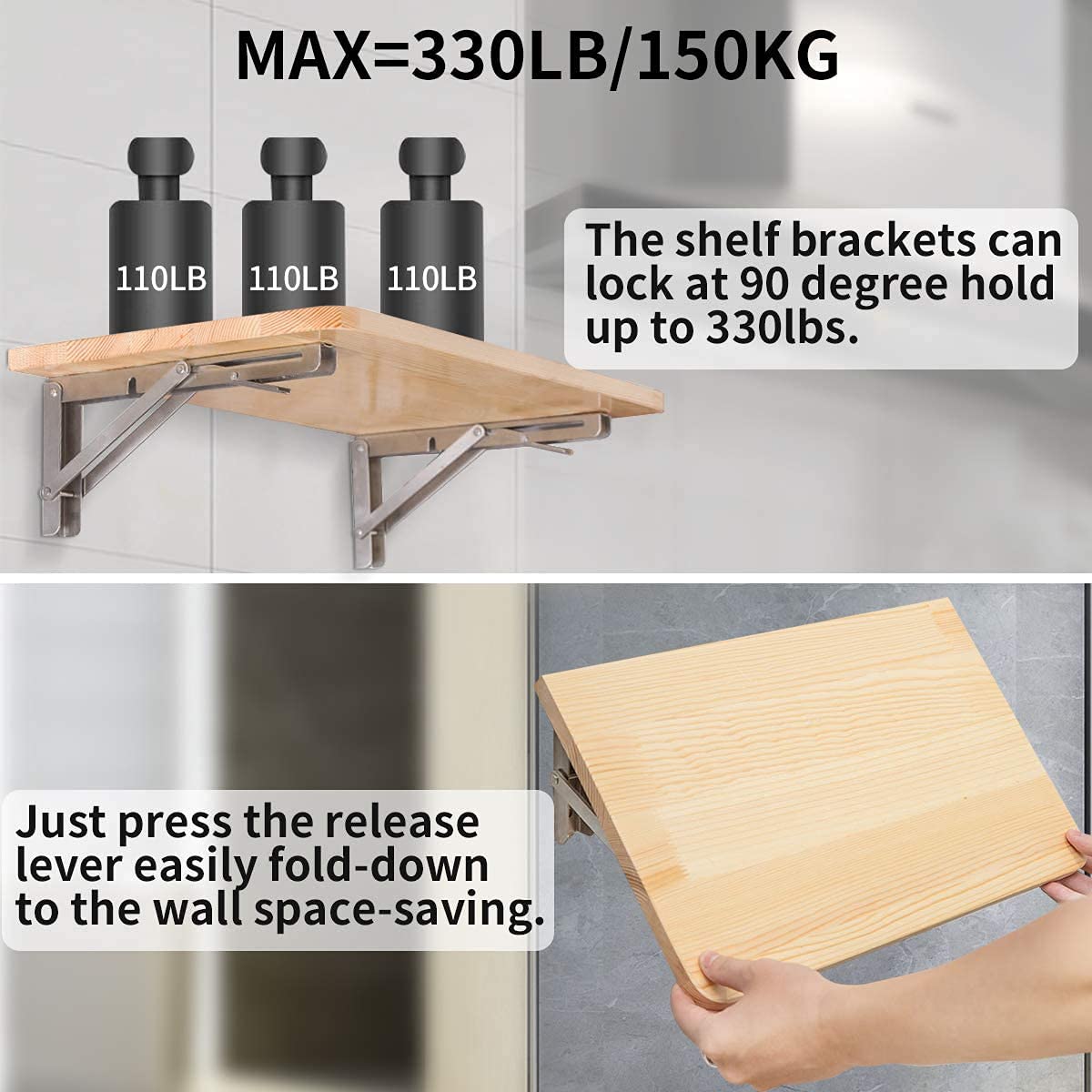 YUMORE Folding Shelf Bracket Heavy Duty 350mm, YUMORE Folding Shelf Brackets Stainless Steel Folding Shelf Supports Wall Table Brackets Folding Hinge for Benches Shelves Wall Mount, Space Saving, Capacity 330 lb [2PACK]