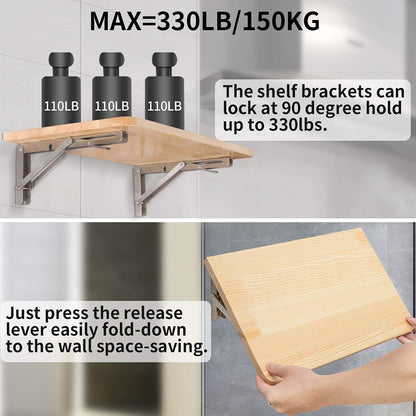 YUMORE Folding Shelf Bracket Heavy Duty 350mm, YUMORE Folding Shelf Brackets Stainless Steel Folding Shelf Supports Wall Table Brackets Folding Hinge for Benches Shelves Wall Mount, Space Saving, Capacity 330 lb [2PACK]