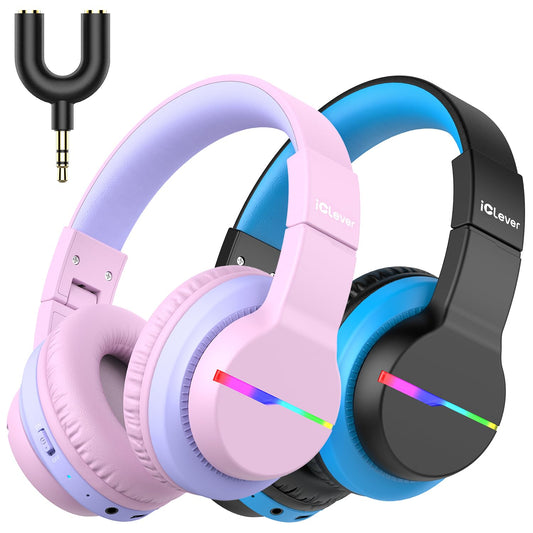 iClever Bluetooth Kids Headphones 2 pack, Colored LED Lights, Over-Ear Kids Headphones with 74/85dBA Volume Limiting, 85 Hours Playtime, Bluetooth 5.2, Built-in Microphone