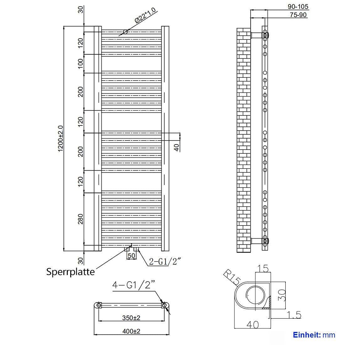 EMKE Bathroom radiator 120x40 cm, towel radiator with center connection, towel holder, towel warmer, towel dryer, towel radiator for bathroom, towel heating in white 427W