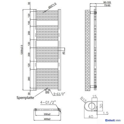 EMKE Bathroom radiator 120x40 cm, towel radiator with center connection, towel holder, towel warmer, towel dryer, towel radiator for bathroom, towel heating in white 427W