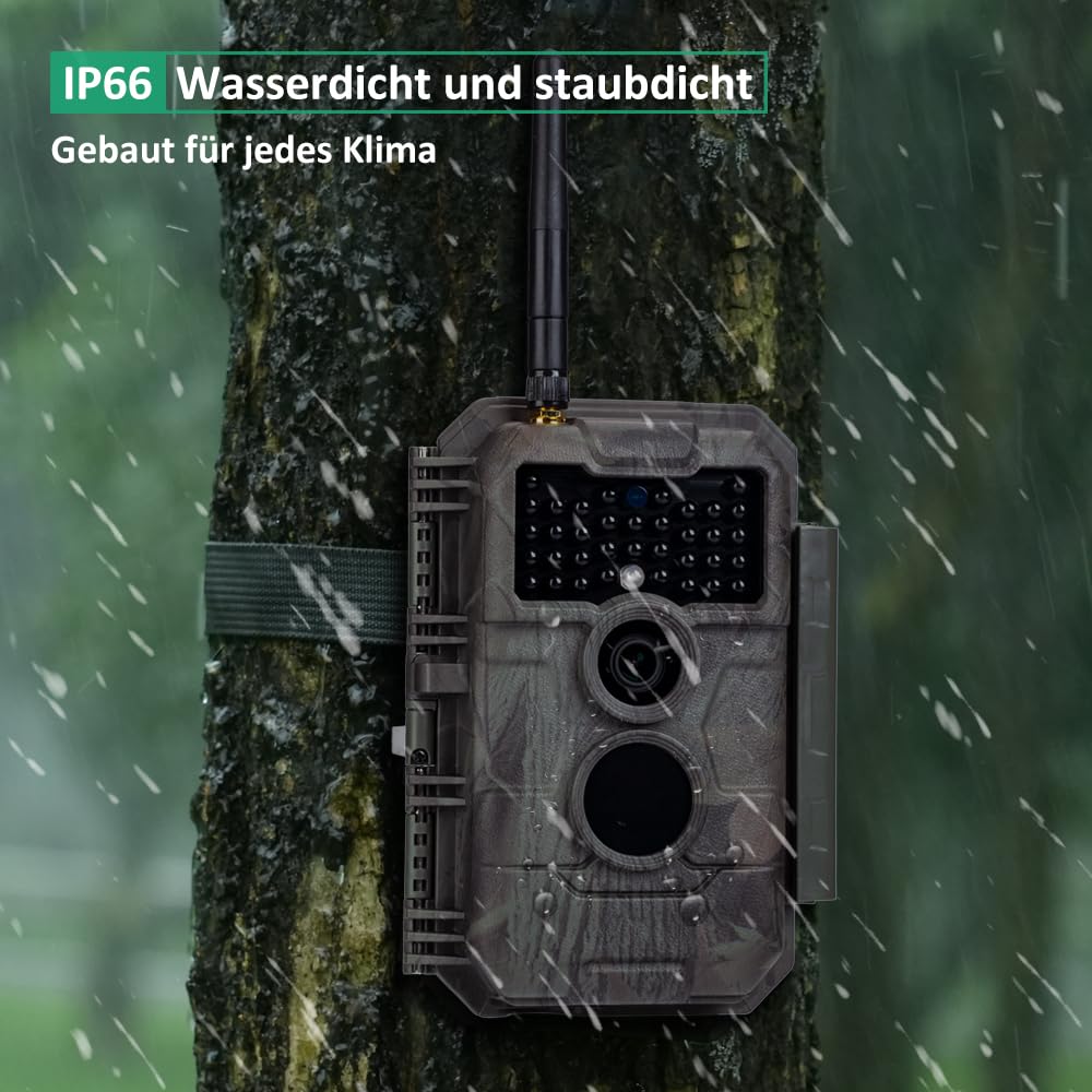 GardePro E6 trail camera with WiFi antenna, 48MP 1296P resolution, motion sensor, No Glow infrared 940nm LEDs, IP66 waterproof, H.264 video, 110° wide angle view, and WiFi mobile data transfer.
