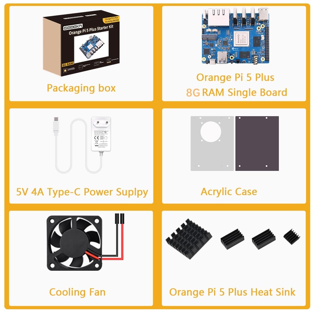 GeeekPi Orange Pi 5 Plus 8GB LPDDR4/4x Rockchip RK3588 8-Core 64-Bit Single Board Computer with eMMC Socket,OPi 5 Plus Case,Official Orange Pi 5V 4A Power Supply,40mm Fan for Orange Pi 5 Plus