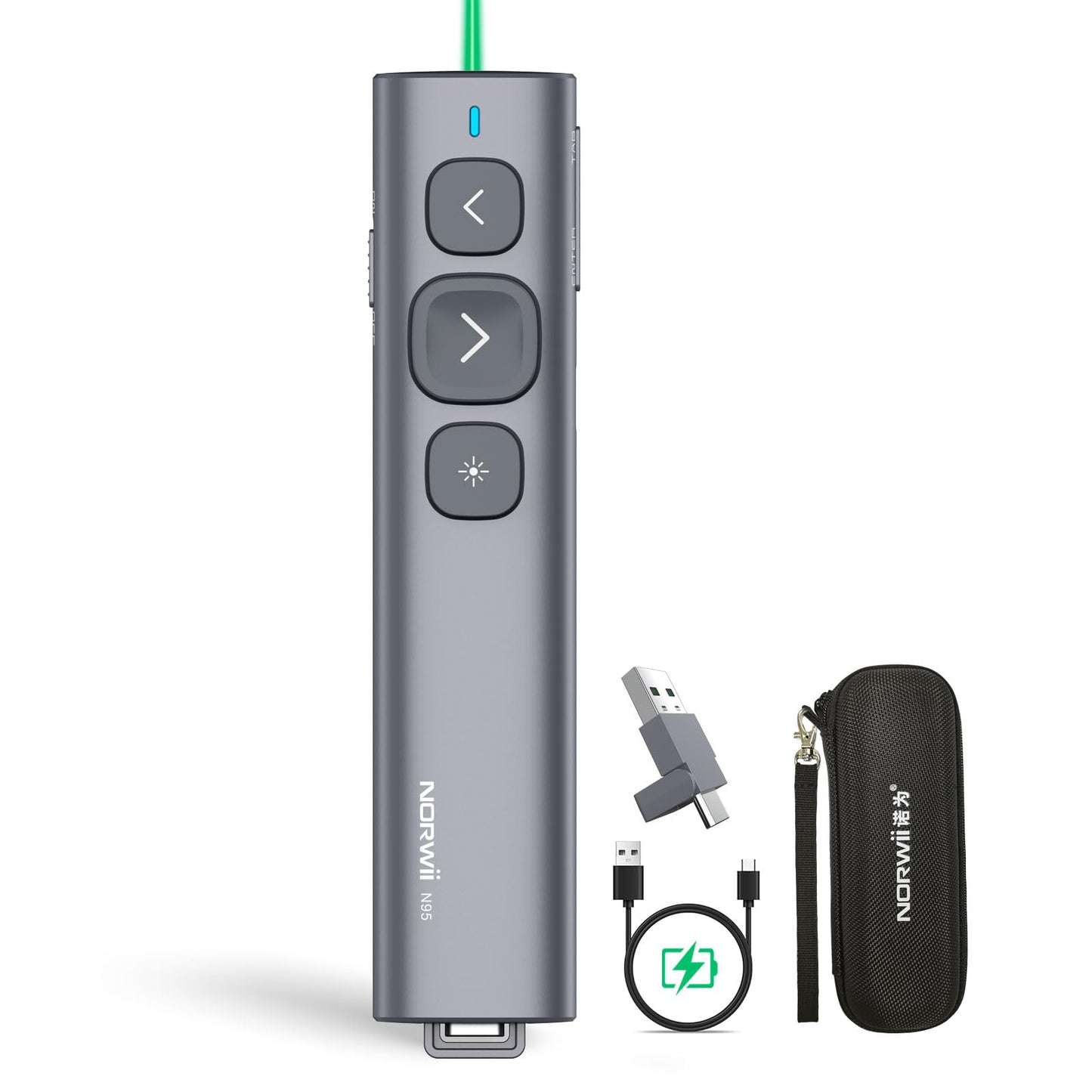 Norwii USB C Presentation Clicker with green laser pointer, rechargeable PowerPoint remote, Long Range Wireless Presenter for tablet/laptop/e-book.