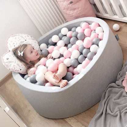 KiddyMoon ball pit 90x30cm/200 balls ⌀ 7cm ball pit with colorful balls for babies and kids round, light grey: white/grey/pink