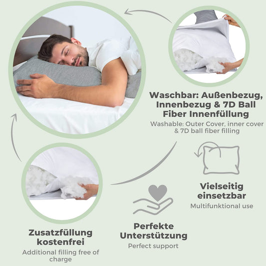 Lilly and Ben® side sleeper pillow with jersey cotton cover I Oeko-TEX® pregnancy pillow with firm filling I support pillow in 3 sizes I ergonomic body pillow