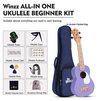 Winzz Soprano Ukulele for Kids, Ukulele Set for Adult Beginners, 21 Inches, with 9 Accessories, Small Beginner Children's Guitar 4 Strings (Color: Purple, Wood)