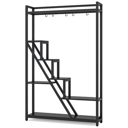 Tribesigns Flower Stand, 7-tier large plant shelf with 5 S-hooks, 180cm tall industrial wooden flower stand for indoor balcony floor plant stand living room (Black)