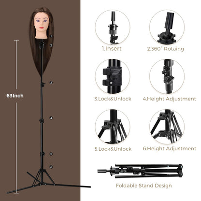 Neverland Beauty Styling Head with Practice Head Stand - 71cm 60% Real Hair, Doll Head for Styling, Training Heads for Hairdressers Training Head With Holder + DIY Hair Set (Brown)