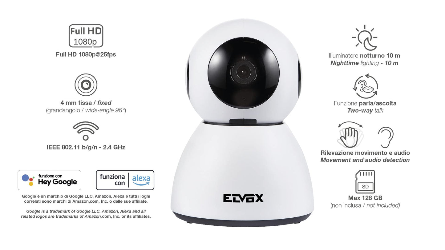 Vimar 46239.040A WiFi motor color camera compatible with Alexa, HD resolution 1080, motion sensor functions and sending notifications, "View Product" app for Android and iOS.