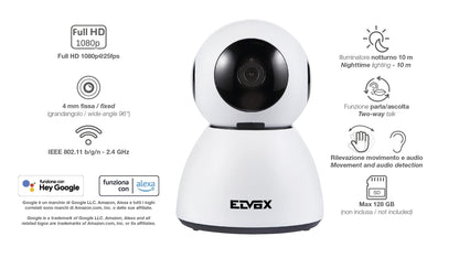 Vimar 46239.040A WiFi motor color camera compatible with Alexa, HD resolution 1080, motion sensor functions and sending notifications, "View Product" app for Android and iOS.