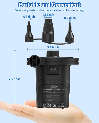 Electric air pump, Dr.meter 4000mAh rechargeable battery air pump 2 in 1 portability air pump air mattress with 3 nozzles for outdoor camping, air mattress, inflatable boat, and kiddie pool.