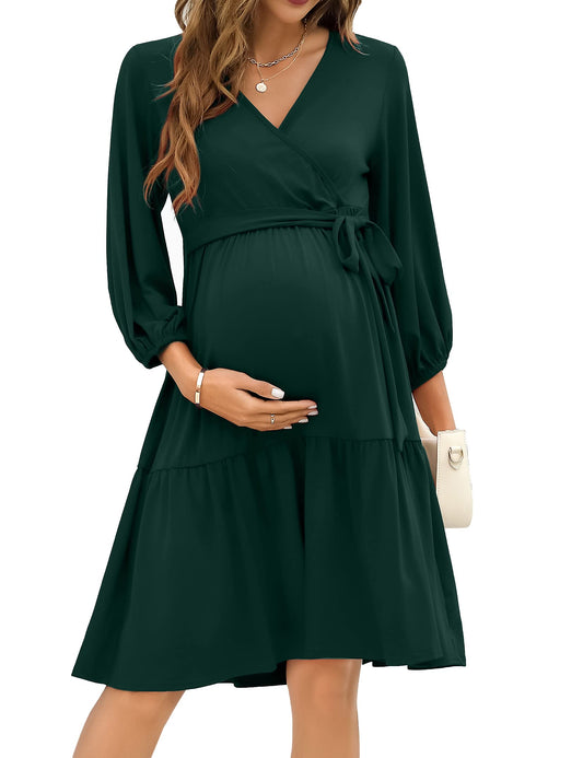 KOJOOIN Women's Maternity Dresses V-Neck 3/4 Sleeve Ruffle Pregnancy Dresses with Belt Dark Green (3/4 Sleeve) M