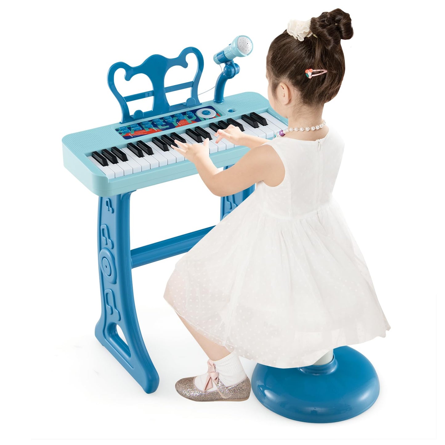 DREAMADE Kids Keyboard, 37 Keys Electronic Piano with Music Stand & Microphone & Stool, Piano Toy for Children aged 3+, Supports up to 50kg (Blue)