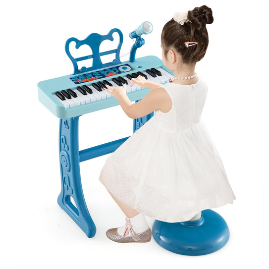 DREAMADE Kids Keyboard, 37 Keys Electronic Piano with Music Stand & Microphone & Stool, Piano Toy for Children aged 3+, Supports up to 50kg (Blue)
