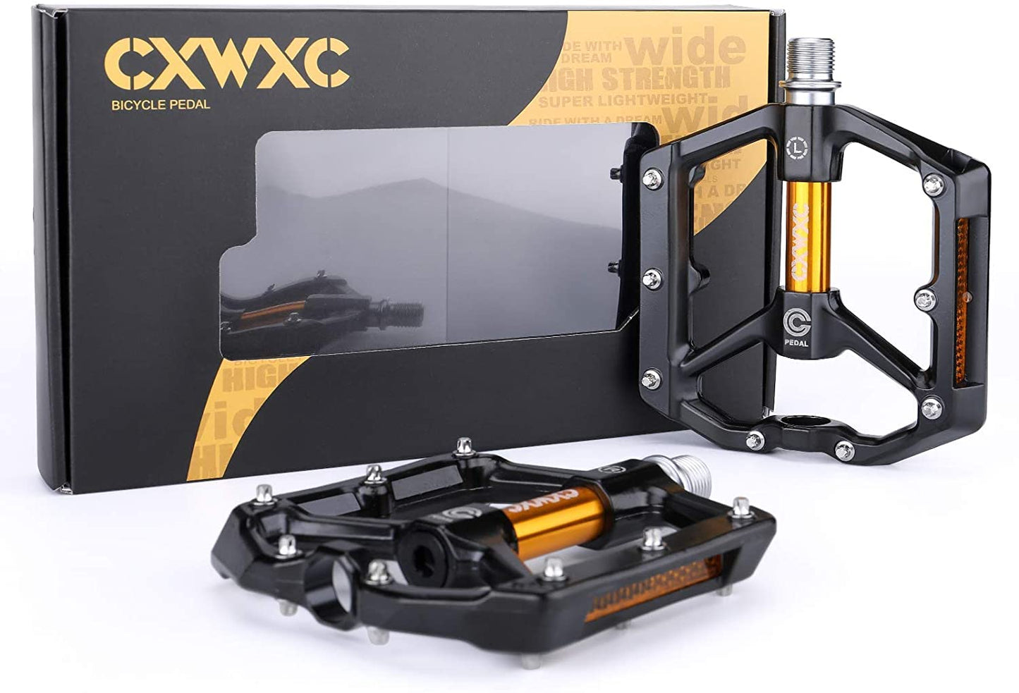 CXWXC Bike Pedals With Reflectors - MTB Aluminum Alloy Pedal Set, 9/16 Cube Pedals for Mountain Bike, Road Bike (Gold)