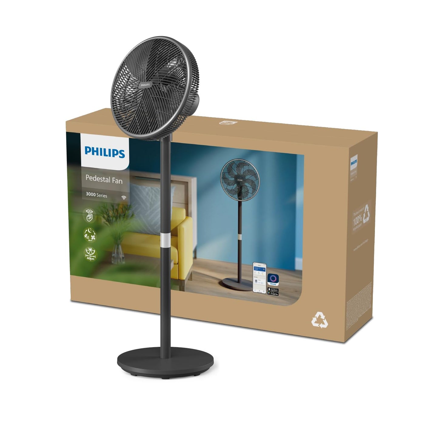 PHILIPS Smart Stand Fan Series 3000. Powerful & extremely quiet SilentWings technology. 19 dB. 2-in-1 table & stand fan. Adjustable tilt & oscillation. App control. 12-hour timer. Black (CX3550/01)
