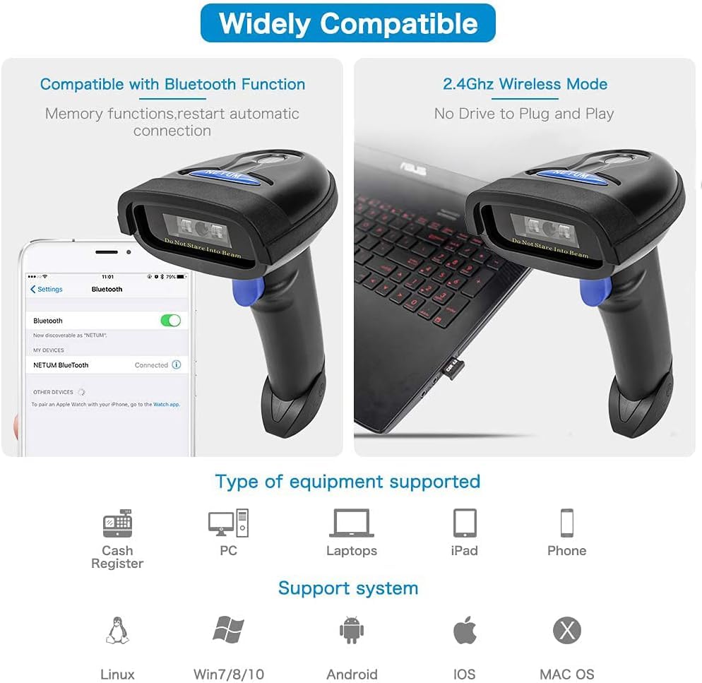 NETUM NT-1228BC Bluetooth CCD Barcode Scanner Handheld Wireless 1D Bar Codes Imager for Mobile Payment Computer Screen Scan Supports IOS & Android