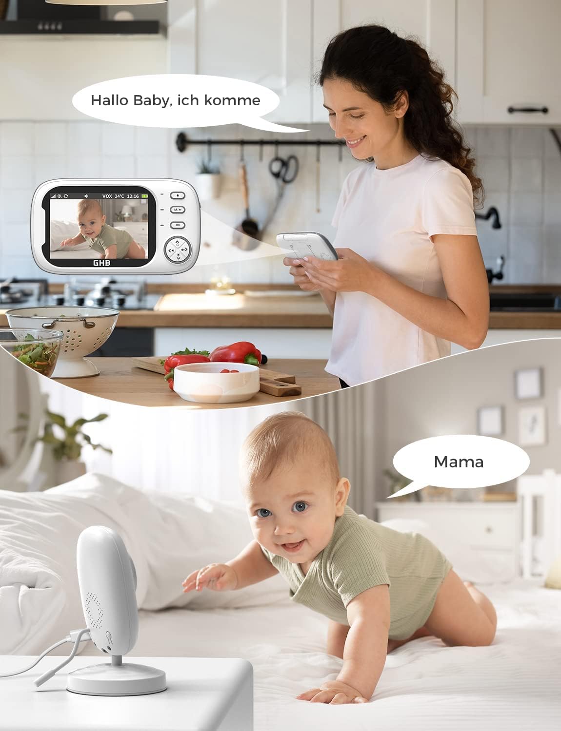 GHB Baby Monitor with Camera 3.5 Inch Video Baby Monitor with VOX Mode Night Vision Two-Way Talk Lullabies.