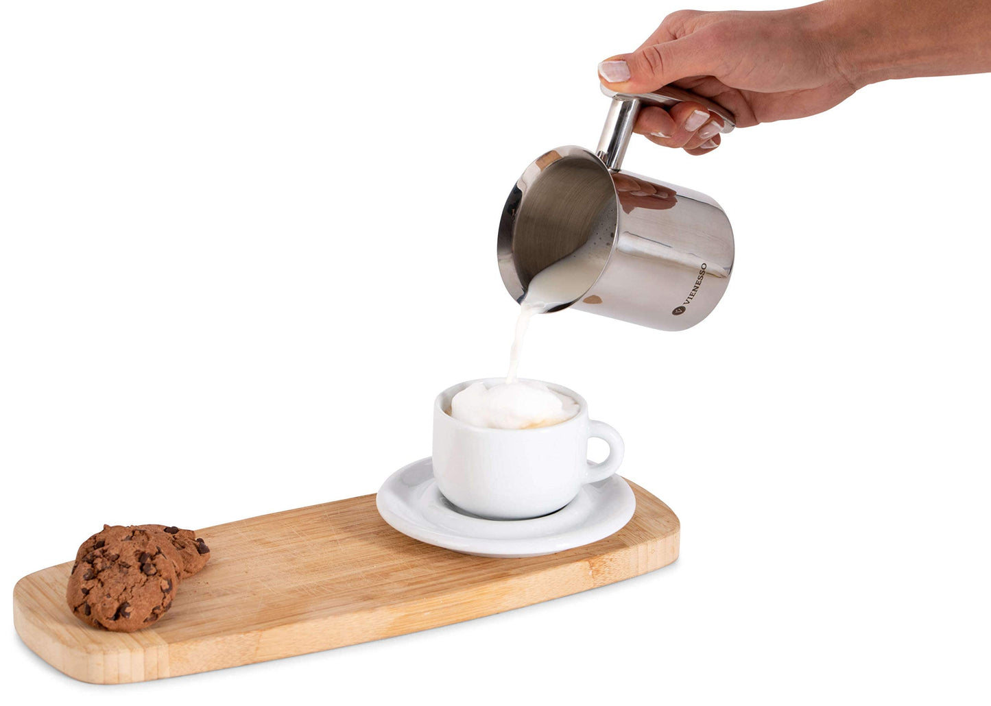 VIENESSO Hand Milk Frother manually made of stainless steel with double mesh sieve I milk frother for creamy milk foam for coffee specialties, Milk Frother including Barista E-Book (400 ml)