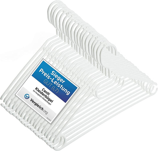 50 plastic white clothes hangers with swivel hooks, 41 cm plastic white hangers, 50 pieces Made in EU, 100% recycled material, model Lea.