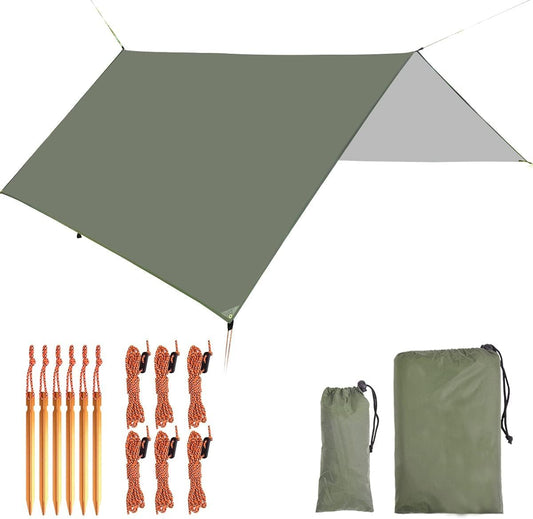Tarp, hammock tarp for outdoor camping, 3m x 3m waterproof tarp with eyelets + 6 stakes + 6 ropes, rain protection sun shade hammock tent groundsheet.