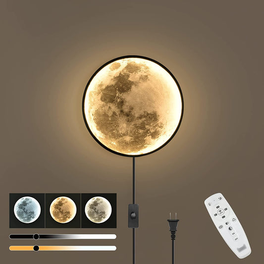 18W LED wall light for kids room with switch and plug, 3D moon wall lamp dimmable bedside lamp with cable night light with remote control bedroom wall lighting for interior decoration light