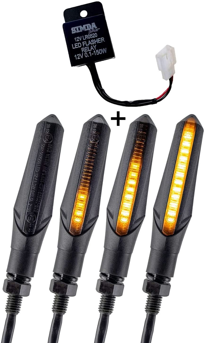 Simda Pro LED motorcycle blinker E Mark with relay running effect scooter running light sequential black universal quad ATV running light blinker super optics and nice bright waterproof IP67 E approval mark Pro.