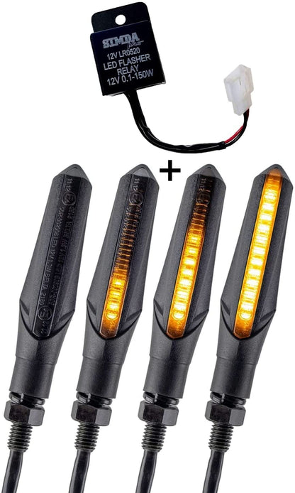 Simda Pro LED motorcycle blinker E Mark with relay running effect scooter running light sequential black universal quad ATV running light blinker super optics and nice bright waterproof IP67 E approval mark Pro.
