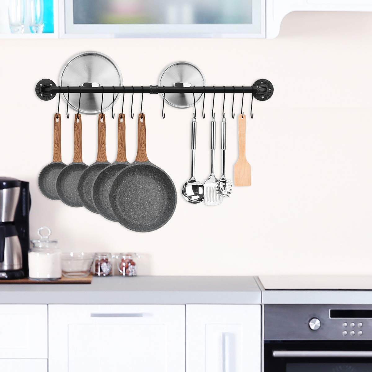 Toplife kitchen hook rack 100 cm, black hanging bar with 16 hooks, pole for kitchen utensils.