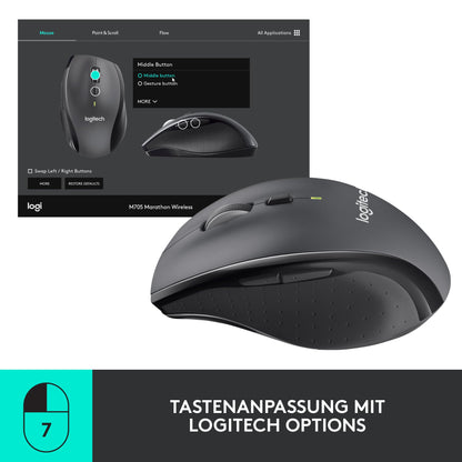 Logitech M705 Marathon Wireless Mouse, 2.4GHz with USB Unifying Receiver, 1000 DPI, 5 programmable buttons, 3-year battery life, Compatible with PC, Mac, Laptop, and Chromebook - Gray