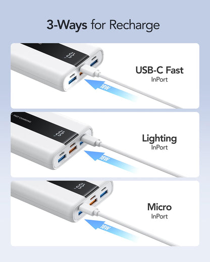VRURC Powerbank 20000mAh Fast Charging 22.5W, USB C Power Bank Small and powerful External Battery Packs PD QC3.0 Battery Pack Compatible with iPhone, Samsung, Huawei, iPad, Switch etc. - White