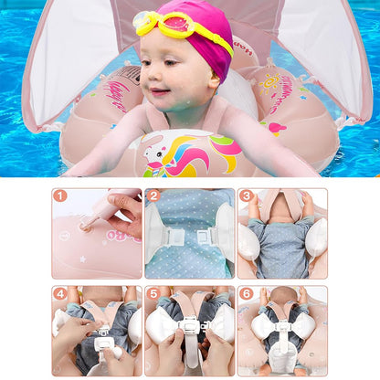 TUIBEIDAMAI Baby Swim Ring with Sunshade Removable, Swim Ring with Sun Protection Adjustable Shoulder Straps, Inflatable Swim Ring, Baby Float Swim Ring for 3-36 Months (Pink)