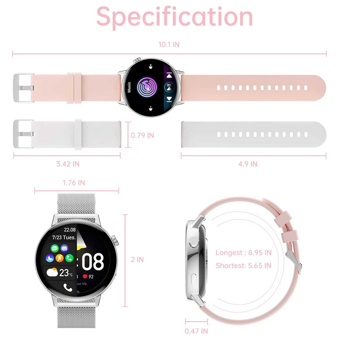 Erkwei smartwatch women with Bluetooth calls 1.32 inch touchscreen ladies watch for iPhone Android women's fitness watch with pedometer heart rate monitor sleep monitor SpO2 monitoring